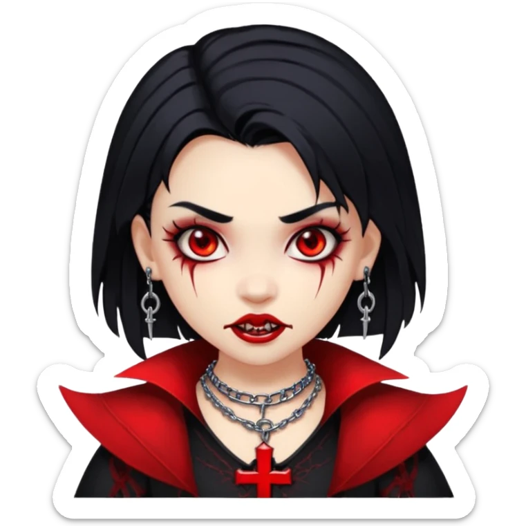 a girl with a very light skin,red eyes,fangs like vampire,black hair with red mesh,with goth clothes and a chain with a cross on it sticker