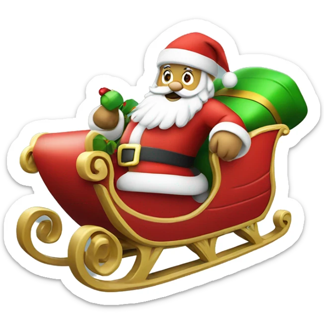 Santa in red sleigh, green sack of gifts, fun and festive sticker