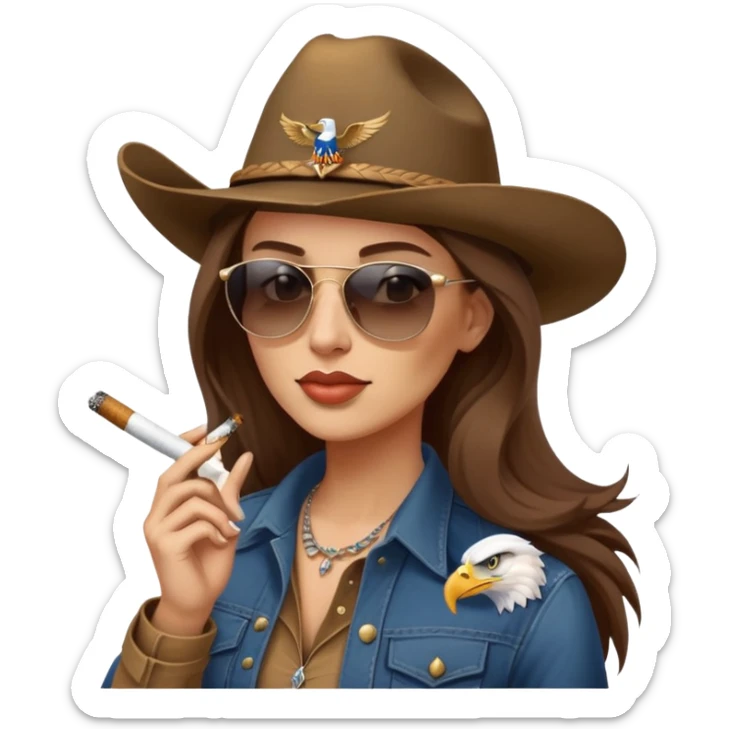 Country woman in cowboy hat with long brown hair with sunglasses with bald eagle on her shoulder and a cigarette in her mouth  sticker