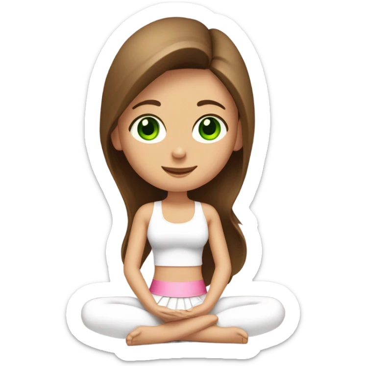 A girl with brown long hair, fair skin and green eyes is sitting in a lotus position in a white bra top and pink skirts sticker