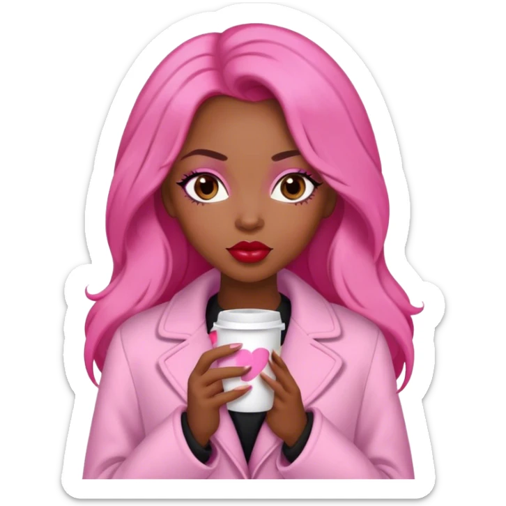 A black woman with a coat pink a pijama pink, long brunet Hair, coffe eyes, red lips  sticker