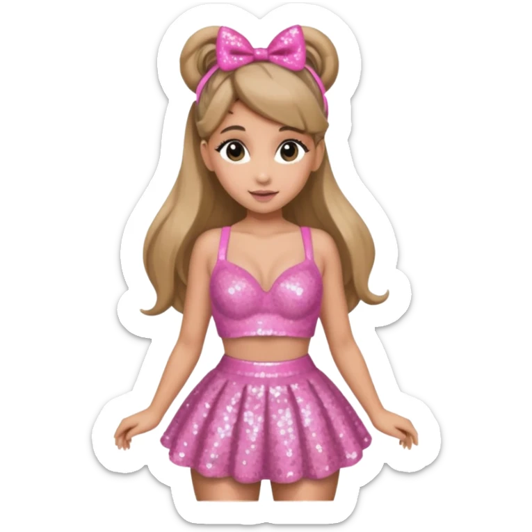 Ariana Grande with dark blonde hair, pink sequin bra, pink sequin skirt sticker
