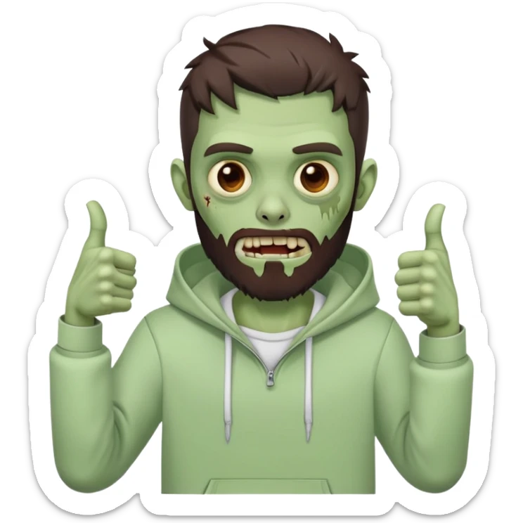 zombie with thumbs up gesture, undercut hairstyle with dark brown hair, short full beard, wearing plain white hoodie sticker