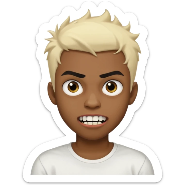 Black Male Teenager with Short punk messy blonde hair, Dark brown bushy eyebrows large expressive golden-brown eyes, wearing a plain white t-shirt, Dark Brown skin color. vampire tooth sticker