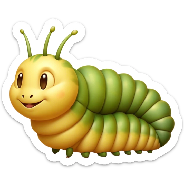 Beautiful and Majestic Caterpillar Portrait Emoji, Head and body rendered in serene repose with a gentle, content smile, showcasing a delicately segmented form with softly textured hues and eyes peacefully closed in tranquil slumber, Simplified yet exquisitely endearing features, highly detailed, glowing with a soft, drowsy natural light, high shine, relaxed and utterly noble, stylized with an air of graceful metamorphosis, soft glowing outline, capturing the essence of a beautiful and majestic caterpillar that embodies the quiet promise of transformation! sticker