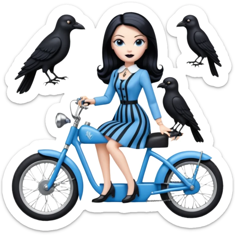 1920s coal hair hotrod Silkstone Marie Antoinette Morticia Addams Barbie Wednesday Addams from academy in a blue and black vertically-striped classic dress. riding hot rod electric bikes with crows sticker