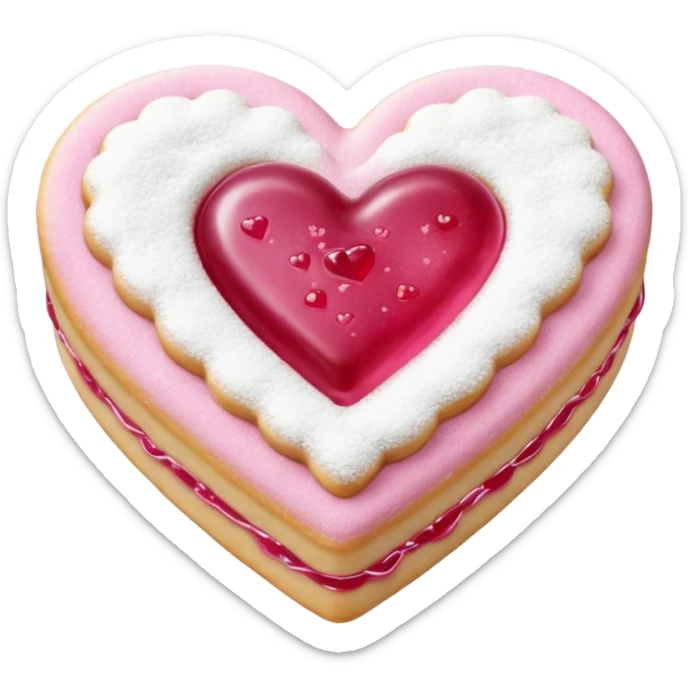 Realistic shortbread cookie in the shape of a heart with pink jelly middle filling and sprinkled powder sugar on top. sticker