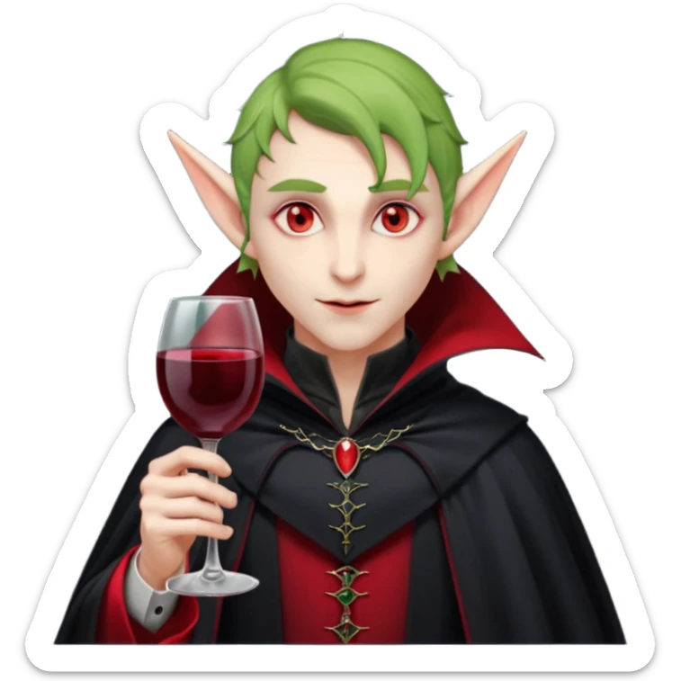 male elf vampire emoji, pale skin, red glowing eyes, long pointed ears, black high-collared cloak with red lining, holding a wine glass filled with red liquid, elegant Halloween fantasy look, smooth Apple emoji style, clean white background, square image sticker