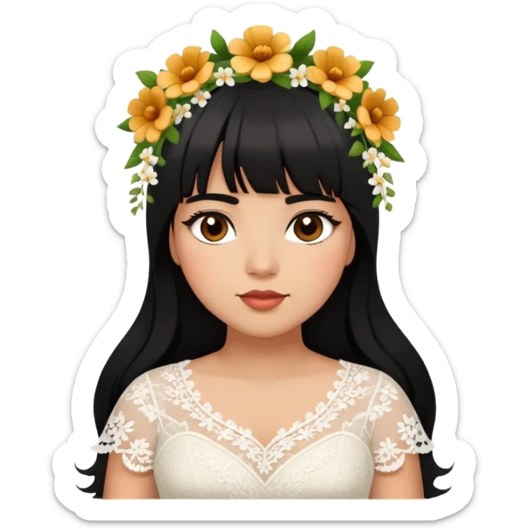 Latina girl with bangs black long hair plus size white lace dress with flowers sticker