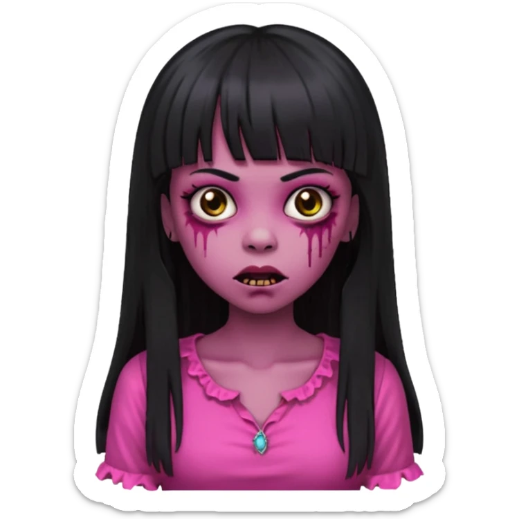 light-skinned Black zombie girl with long black hair and bangs, in a dark pink blouse sticker