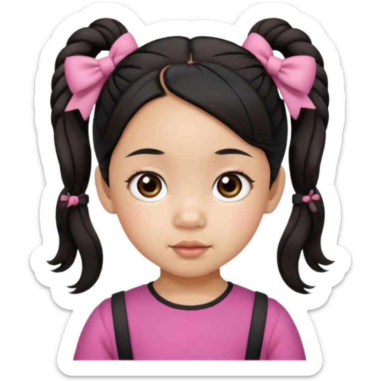 mixed toddler girl asian and american with bow pigtails, dark brown/black hair with big brown eyes sticker