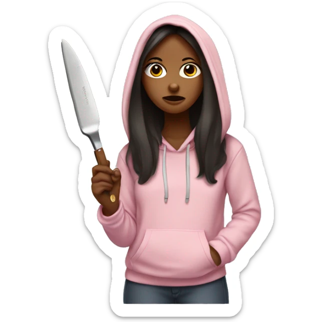Girl with long dark hair in a light pink hoodie with a serious face holding a butter knife sticker