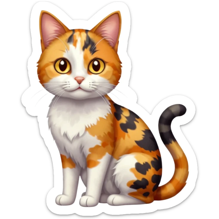 full body anxious looking colourful light calico tabby cat with hazel eyes and very patchy calico fur sticker