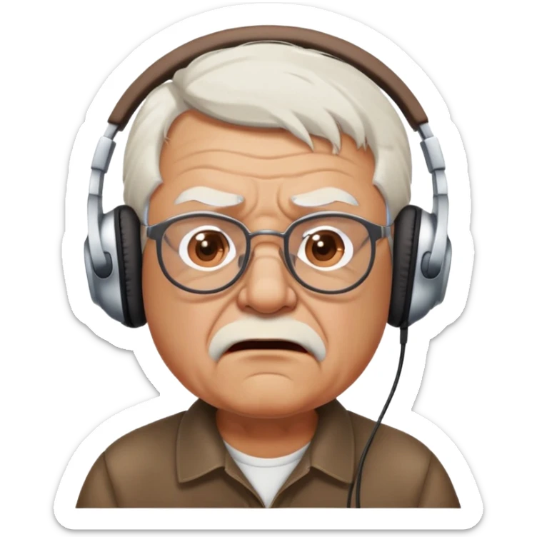 Brown old man with medium white hair, wearing glasses and headphones, looking surprised and angry, no facial hair, chubby, looking to the upper left corner sticker