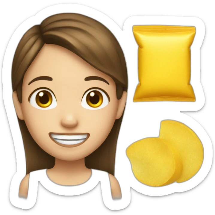 a girl with brown hair with two yellow crisps in place of her 2 front tooth sticker
