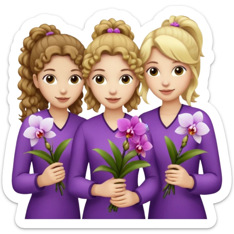 3 female musketeers, one with brown curly hair, one with straight blond hair, one with blond hair in a pony tail, all holding orchids sticker