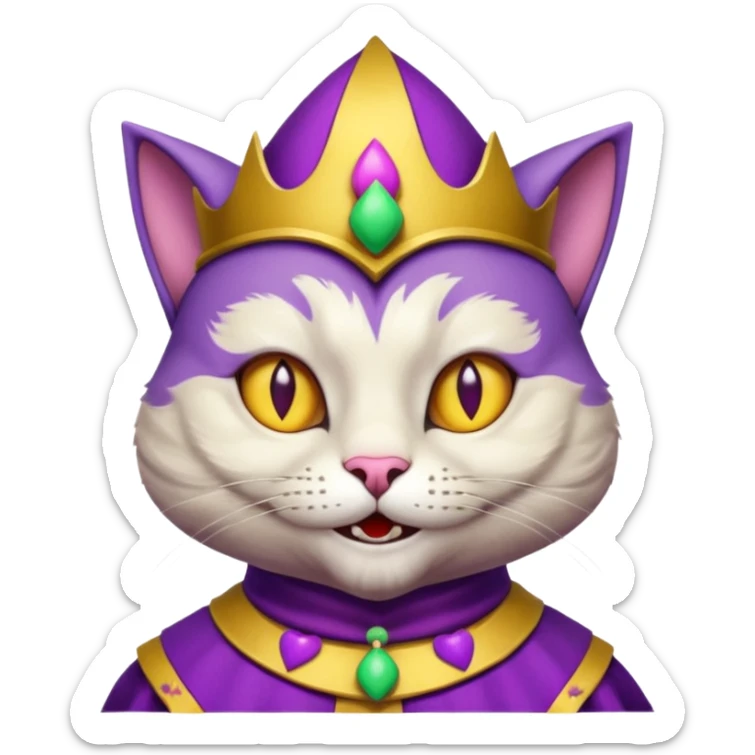 crazy colorful cute little cat jolly joker from poker, medieval, vintage, court jester, mac os icon, purple and yellow color, half body sticker