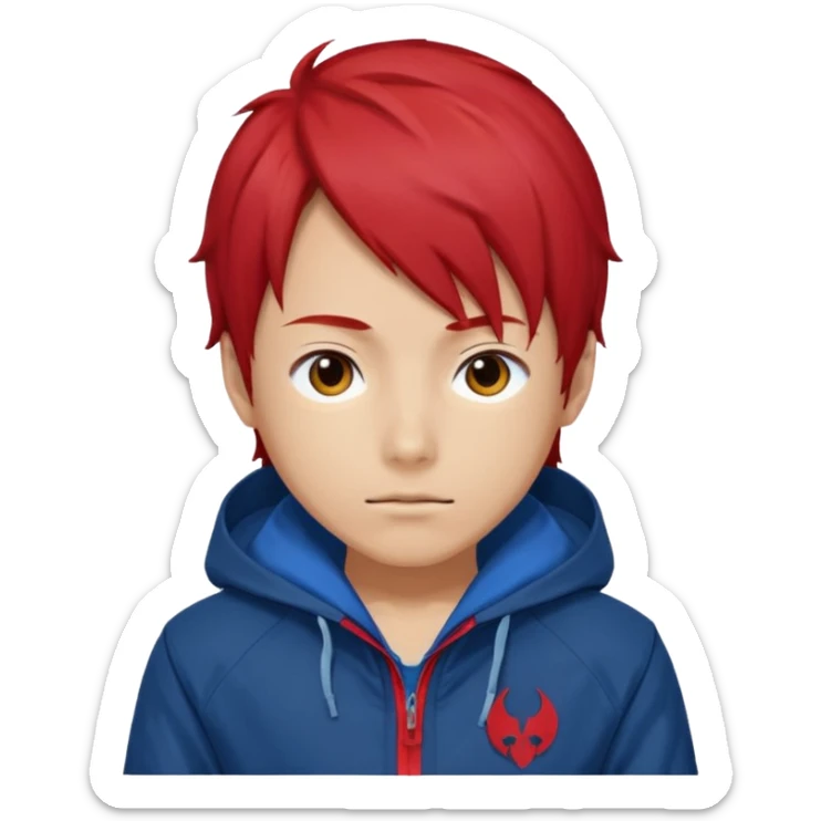 yuiji itadori jjk avec cheveux rouge veste bleu et capuche rouge sticker