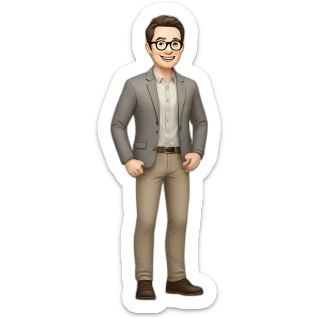 Joyful Full height Pale skinned Fit Man With dark brown hair in gray jacket, beige office shirt, Brown pants and vintage glasses. His thrumbs up sticker