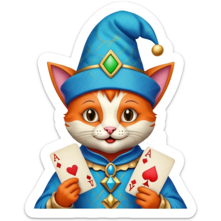 crazy colorful cute little cat jolly joker from poker, medieval, vintage, court jester, mac os icon, blue color, holds an ace poker card (clearly detailed and precise) sticker