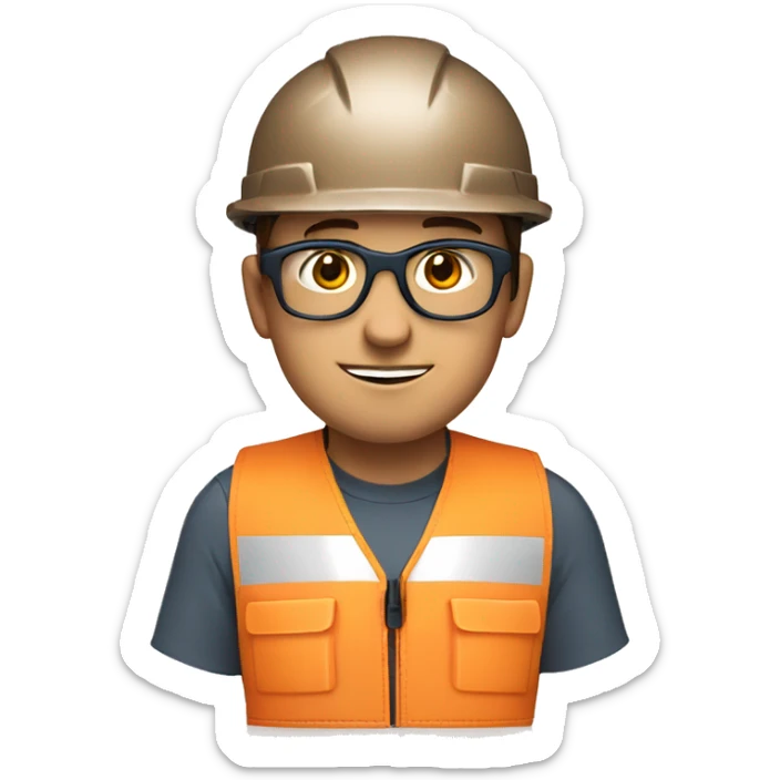 blue eyes, safety glasses, safety vest, brown hair, safety helmet,  sticker