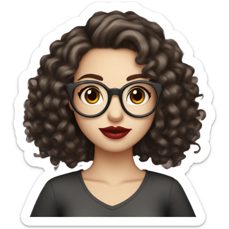 girl, dark brown hair, big lashes, big lips, curly hair, glasses, dark brown eyes, pale skin, red lips, long hair, holding starbusk sticker