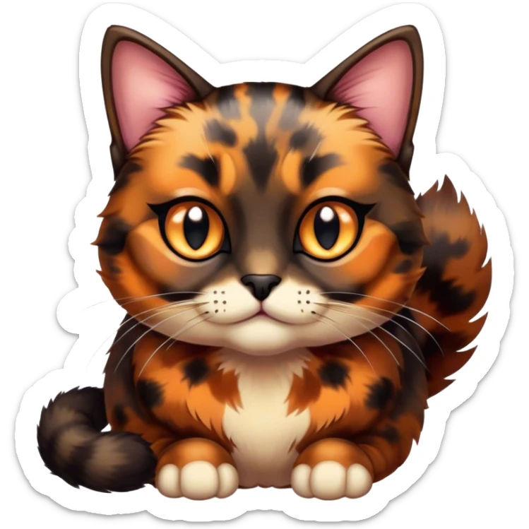 Cinematic Cute Tortoiseshell Cat Portrait Emoji, Head cocked sweetly with bright, curious eyes and a cuddly, mottled fur of rich browns and blacks, simplified yet charmingly adorable, highly detailed, glowing with a warm, gentle radiance, high shine, playful and endearing, styled with a dash of whimsical feline magic, soft glowing outline, capturing the essence of a cute tortoiseshell cat that seems ready to pounce with affectionate mischief! sticker