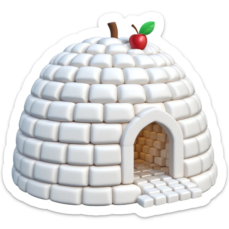 3D render of Marshmallow Igloo, made entirely of dessert materials, glistening sugar crystal texture, soft powdery white marshmallow bricks, delicious confectionery aesthetic, Apple emoji style, isolated on white background --v 6.0. sticker