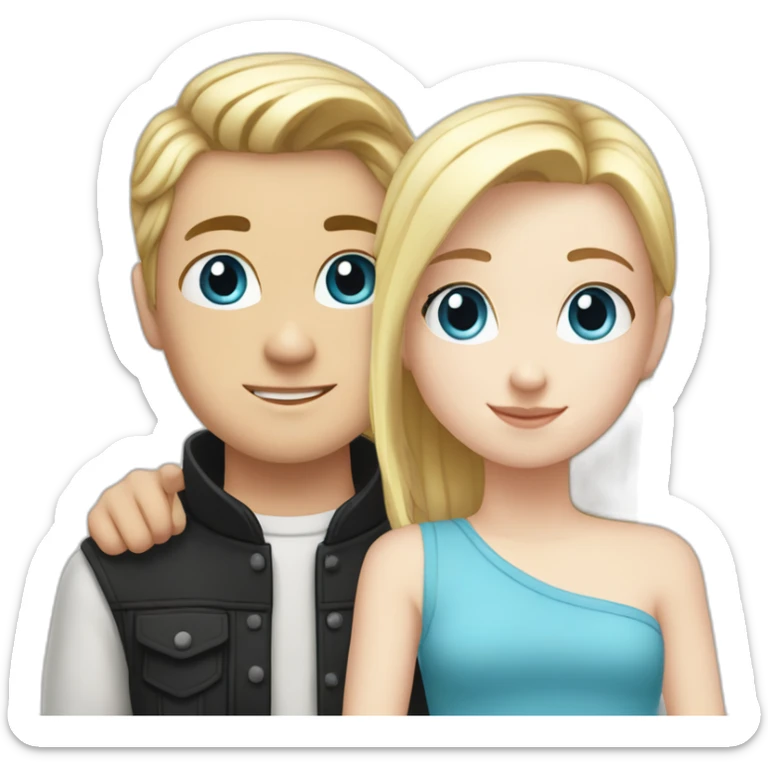 blond white girl with blue eyes hug white boy with black hair with pony-tail sticker