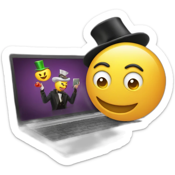magician programming a laptop with an emoji of a truck on the laptop screen sticker