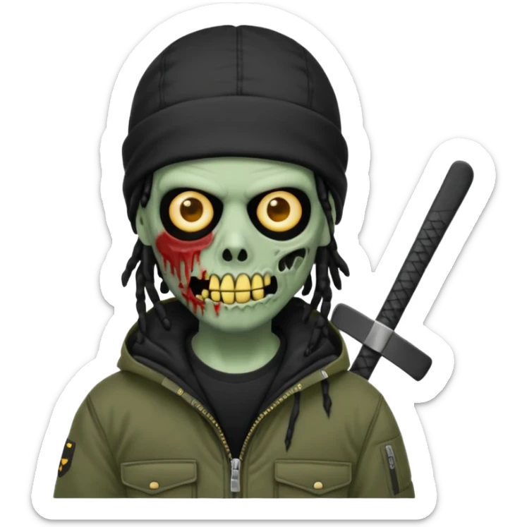 a zombie emoji with black dreads and a black carheartt jacket and black nike ski mask on his head sticker