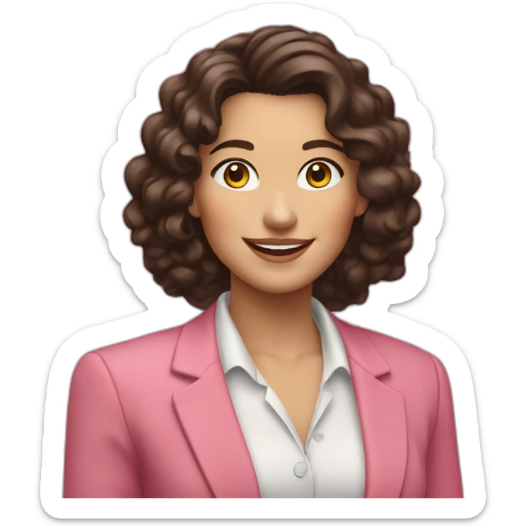 Caucasian Woman with long dark brown hair with loose curls, pretty smile, dressed with a pink blazer sticker