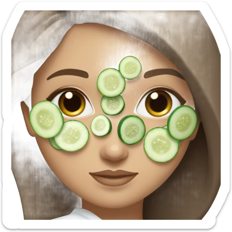 White girl with Brown hair and blue eyes wears a Green colored skincare clay textured mask and puts on cucumbers around her eyes while She relaxes in her white Robe sticker