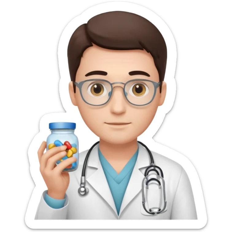 male doctor of medicine holding pills jar sticker