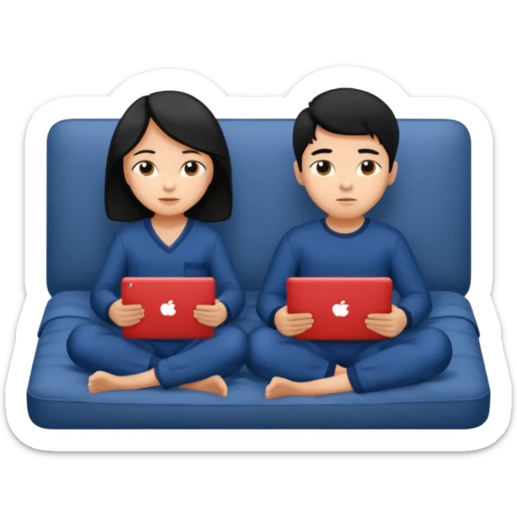 black haired boy and girl in navy blue pajamas , watching movie on laptop sticker