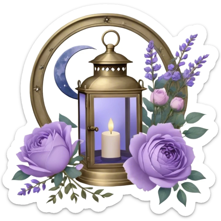 Under the soft light of a vintage brass lantern, a small bundle of lilac roses, indigo peonies, and delicate lavender sprigs is tied with a lace ribbon in a muted violet hue. Above, the sky is scattered with tiny silver stars, reflecting gently in the antique hand mirror with a moon-shaped handle beside the bouquet. sticker