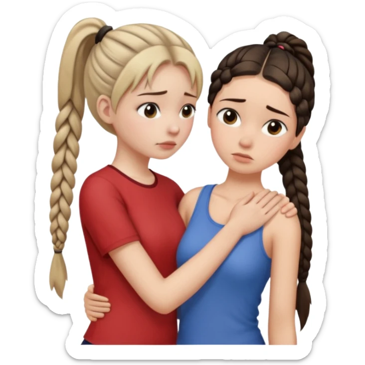 Comforting Hug two white skin women, one shorter woman with medium brown simple top ponytail, not braided, and one taller skinny sad face woman with a single long black side braid sticker