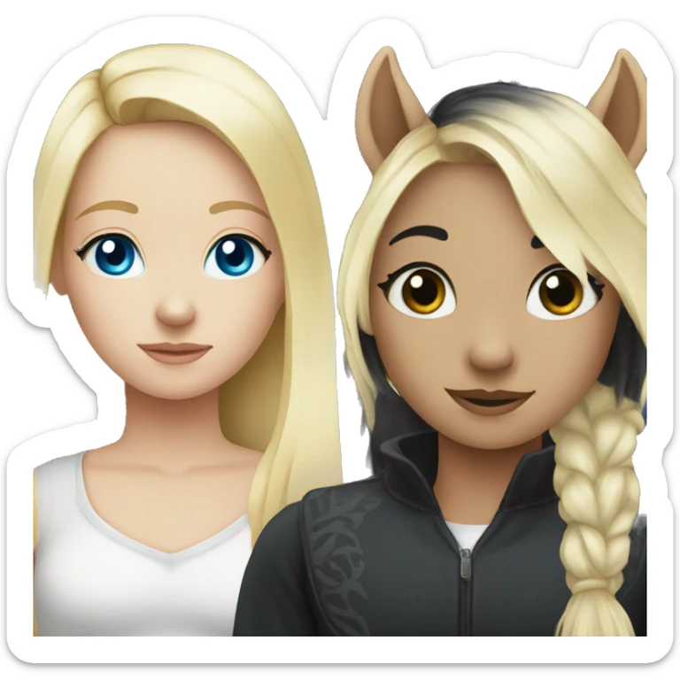 blonde girl with blue eyes and her black horse with black mane sticker