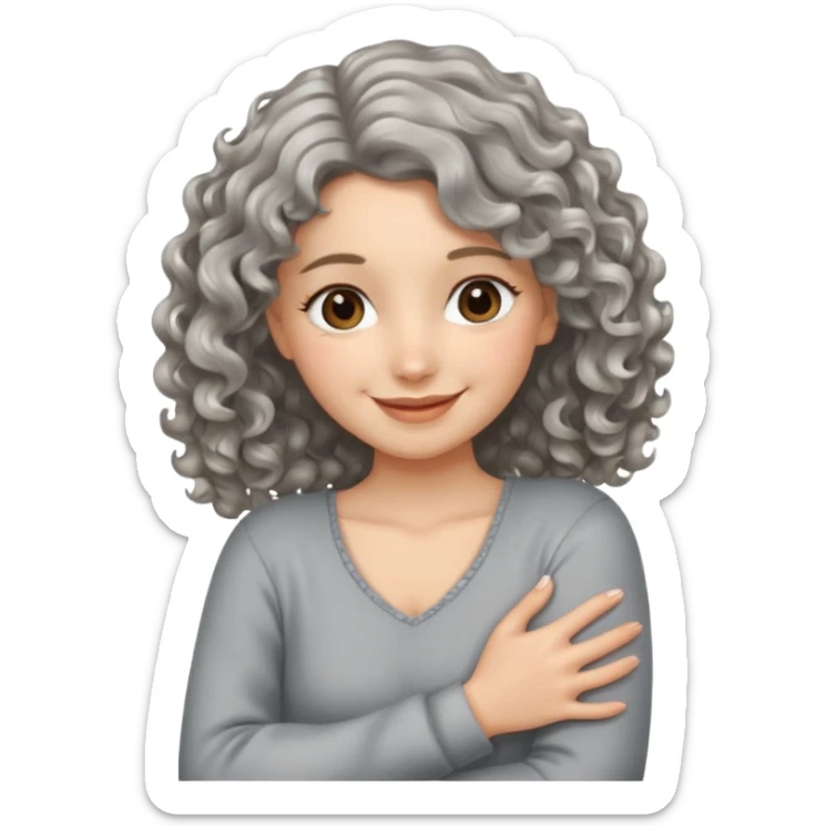 silver, wavy/curly hair shorter than shoulder-length lady giving hug and smiling sticker