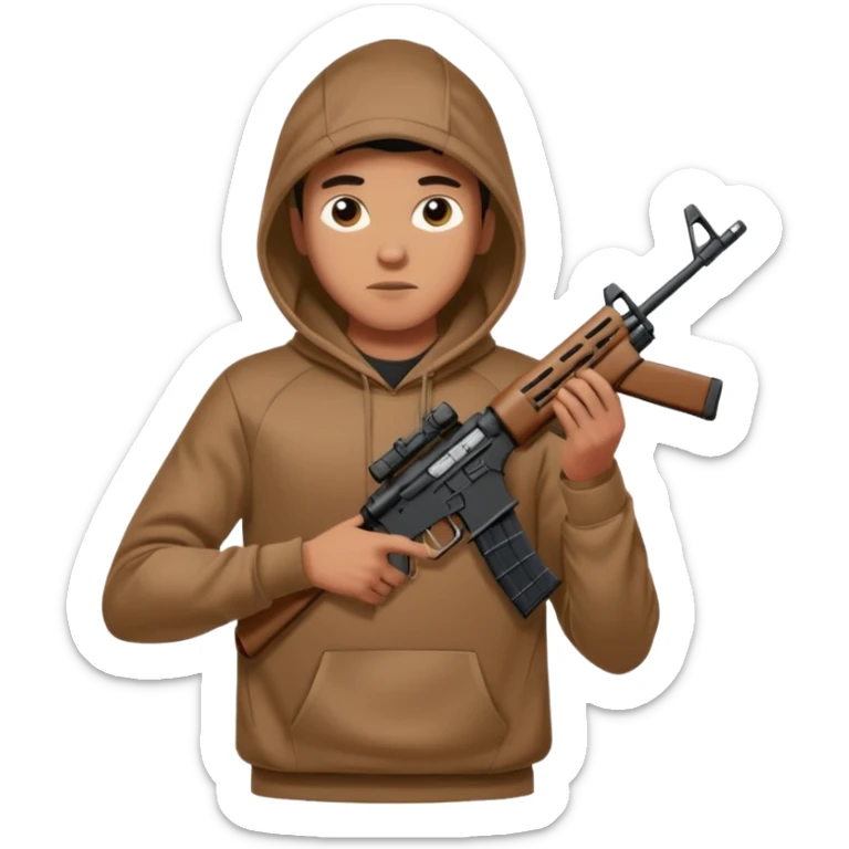 
Fais moi un jeune taliban qui ressemble qui tient une AR15 avec un hoodie a capuche, capuché, avec la cagoule nike therma fit hood sticker