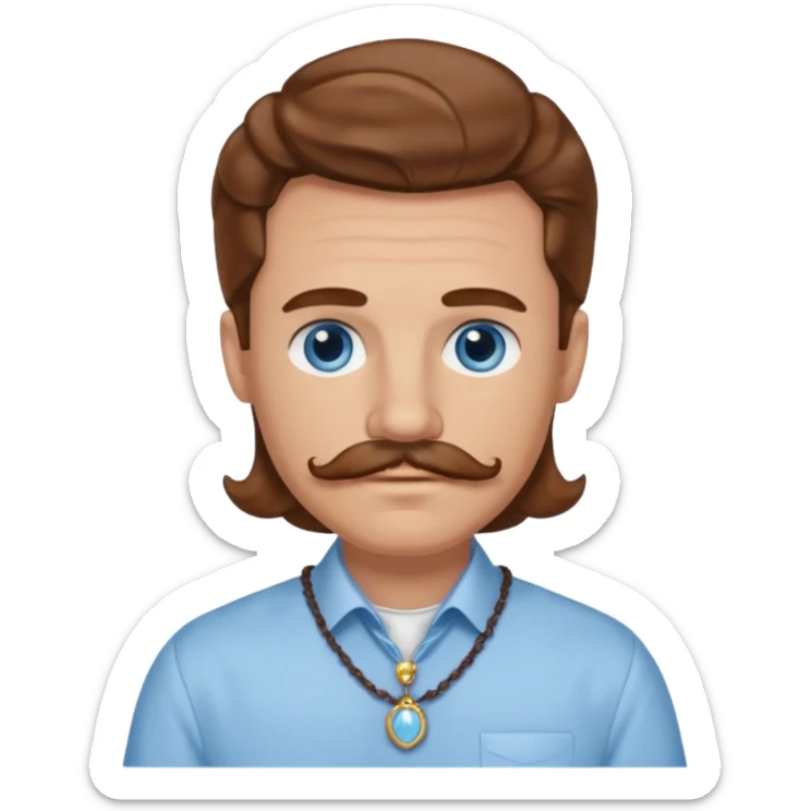 Benson Boone blue eyes, brown wavy hair and mustache, light blue dress shirt with necklace sticker