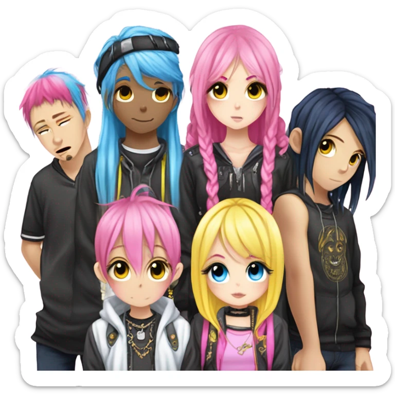 Blue eyed long eye lashes pout blonde and pink hair pale hime gyaru girl, hot pink and yellow split-dyed hair, nose ring, elf ears, dark makeup, punk clothes standing next to three diffrent men praying on their knees sticker
