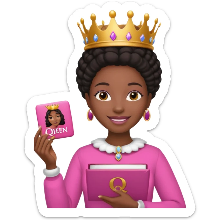 Crear una reina morena clara con ropa rosa sosteniendo la palabra Queen en sus manos sticker