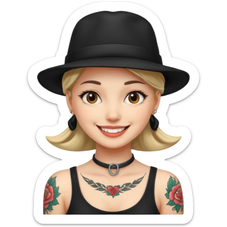 tattoo girl on her neck and body with black hat sticker