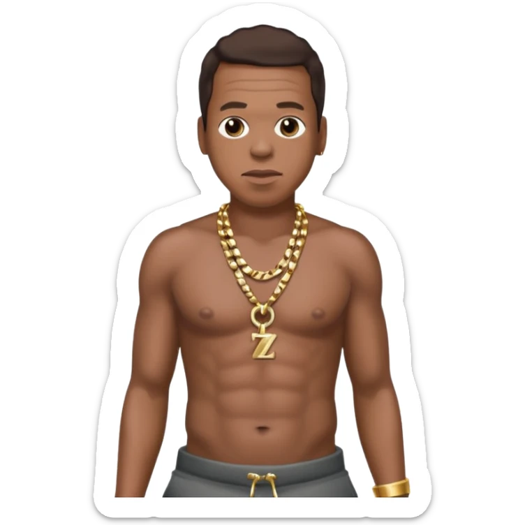 Jay-Z with dark brown hair, shirtless with necklace, metallic dark grey pants sticker