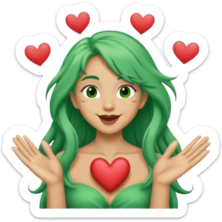 Tan long green hair  blowing kisses and making a heart symbol with hands sticker