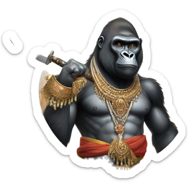 male gorilla with indian male jewellery and  indian traditional wear, holding a  huge weapon, humanoid,  sticker