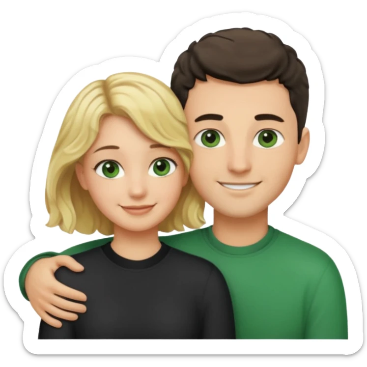 couple hugging.  girl is blonde with wavy hair. man is tall with dark hair in a crew cut. both have green eyes. both are white people. sticker