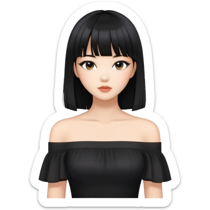 stylish woman with Asian skin, black off-shoulder top, long straight black hair with bangs, and soft makeup sticker