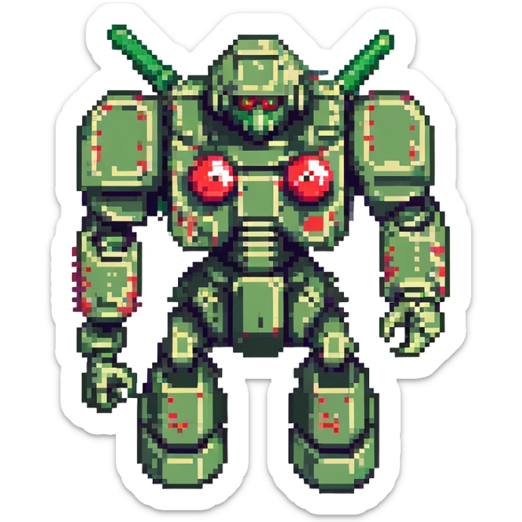 Zaku robot, pixel art style, green color, red mono-eye, blocky proportions, no text sticker